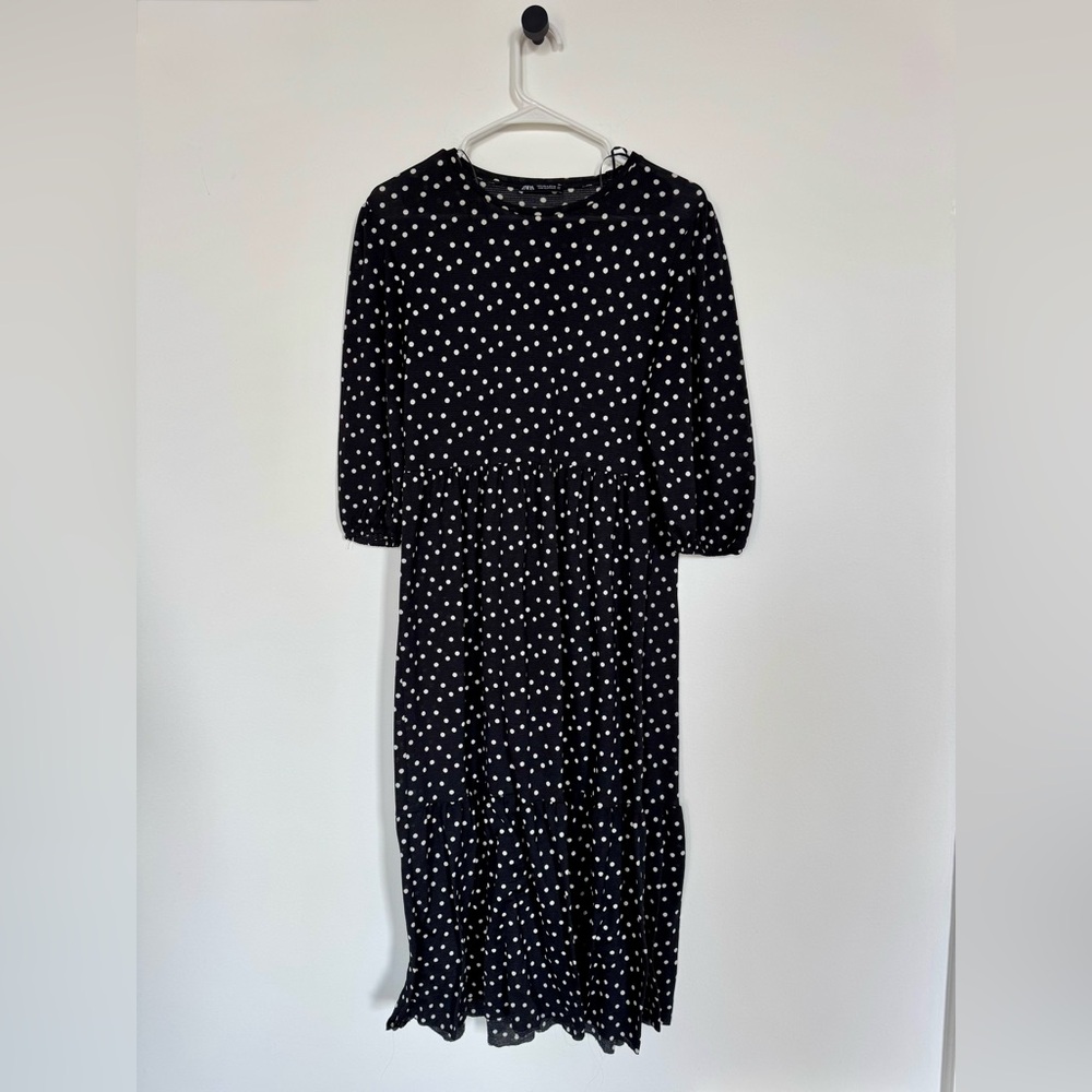 Zara Black and White Polka Dot Long Sleeve Dress